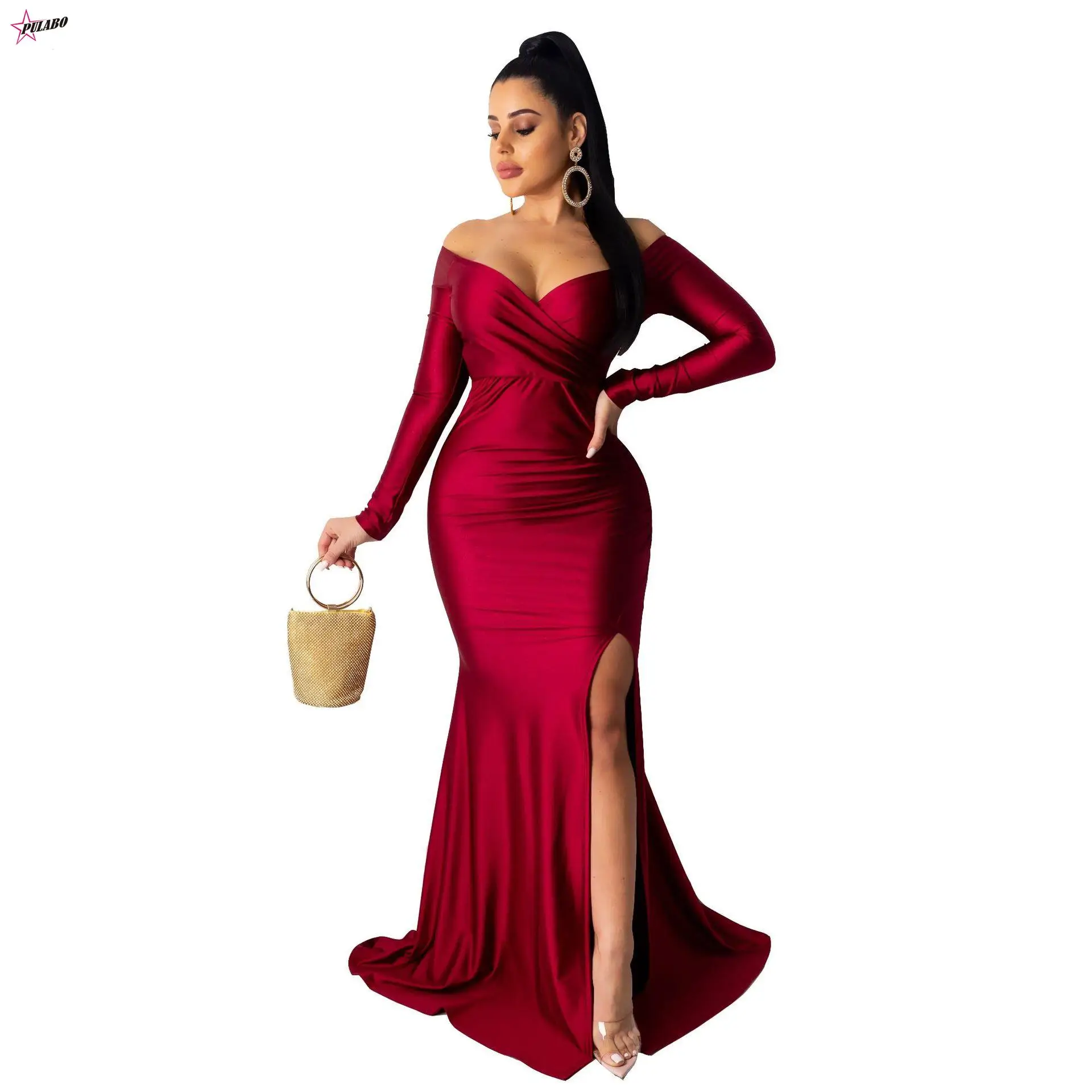 PULABO Sexy Slash Neck Green Mermaid Dress Elegant Party Dinner Celebrate Long Maxi Robe V Neck Trumpets African Fashion Female