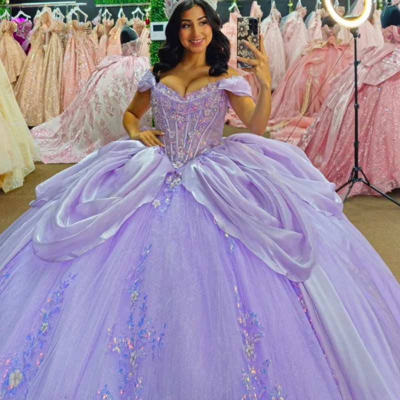 

Lavender Shiny Quinceanera Dresses Off The Shoulder Applique Lace Beading Crystal Tull Party Birthday Sweet 16 Dress Vestidos 15