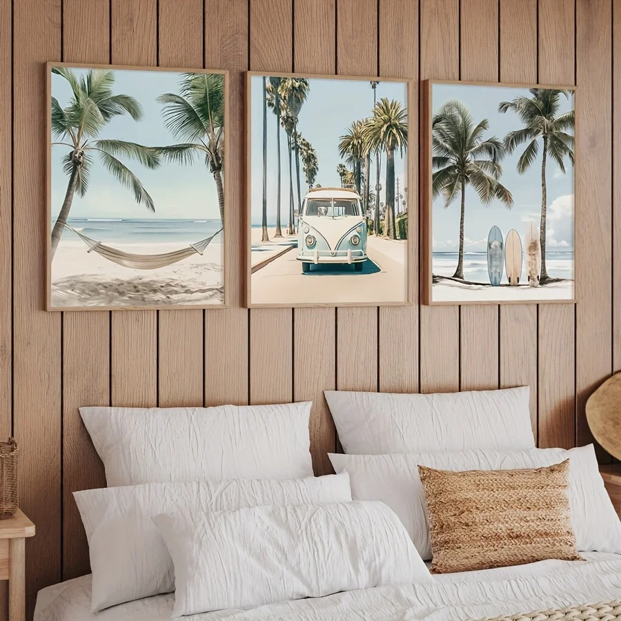 Tropical Surfboard Travel Wall Art California Beach Photo Canvas Poster Ocean Palm Tree Print Blue Wall Decora Summer Decor 3PCS
