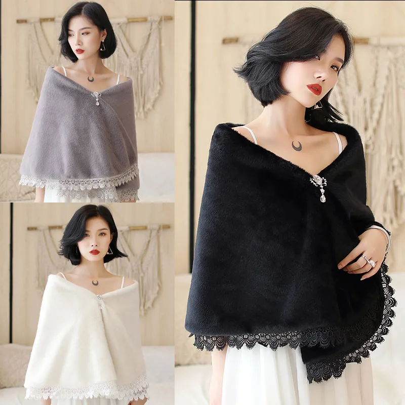 

Caracilia Faux Fur Shawl Wrap Stole Shrug Winter Bridal Wedding Cover Up Wraps Luxury Evening Dresses Fluffy Cape for Women