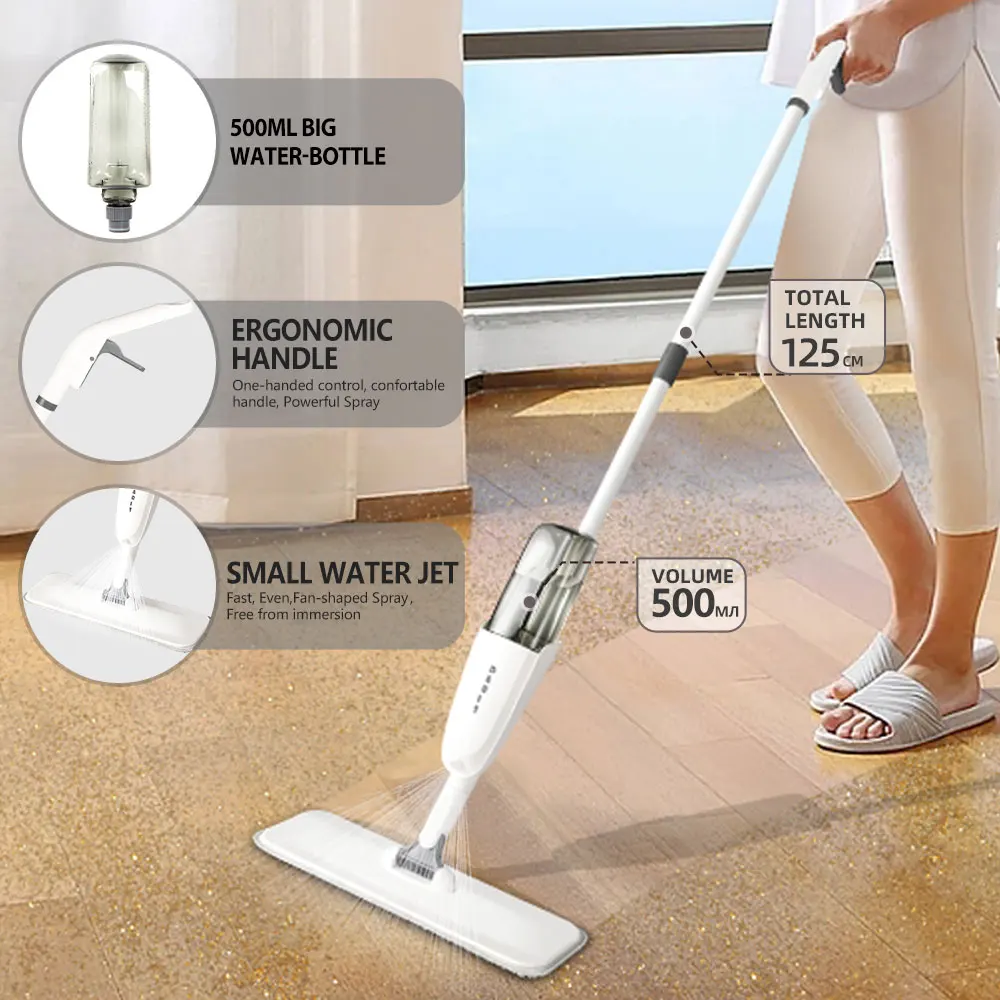 DARIS Spray Floor Cleaning Mop 500ML Wide Range Fan-shaped Mist Reusable Microfibers Pads 360° Flat Mop For Tile Wooden Floor