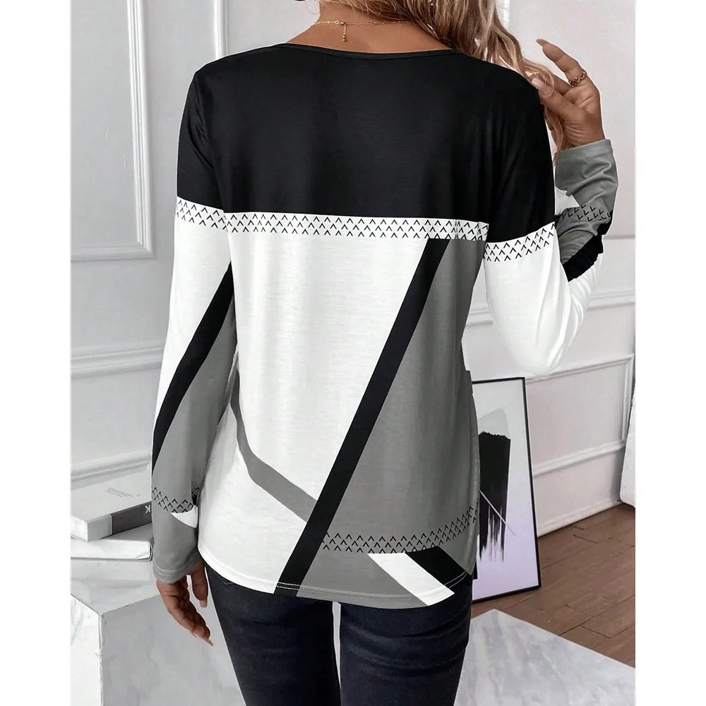 女性の幾何学的なプリントの長袖Tシャツ,スプライストップ,ラウンドネック,対照的な色,新しい,レジャー,2022