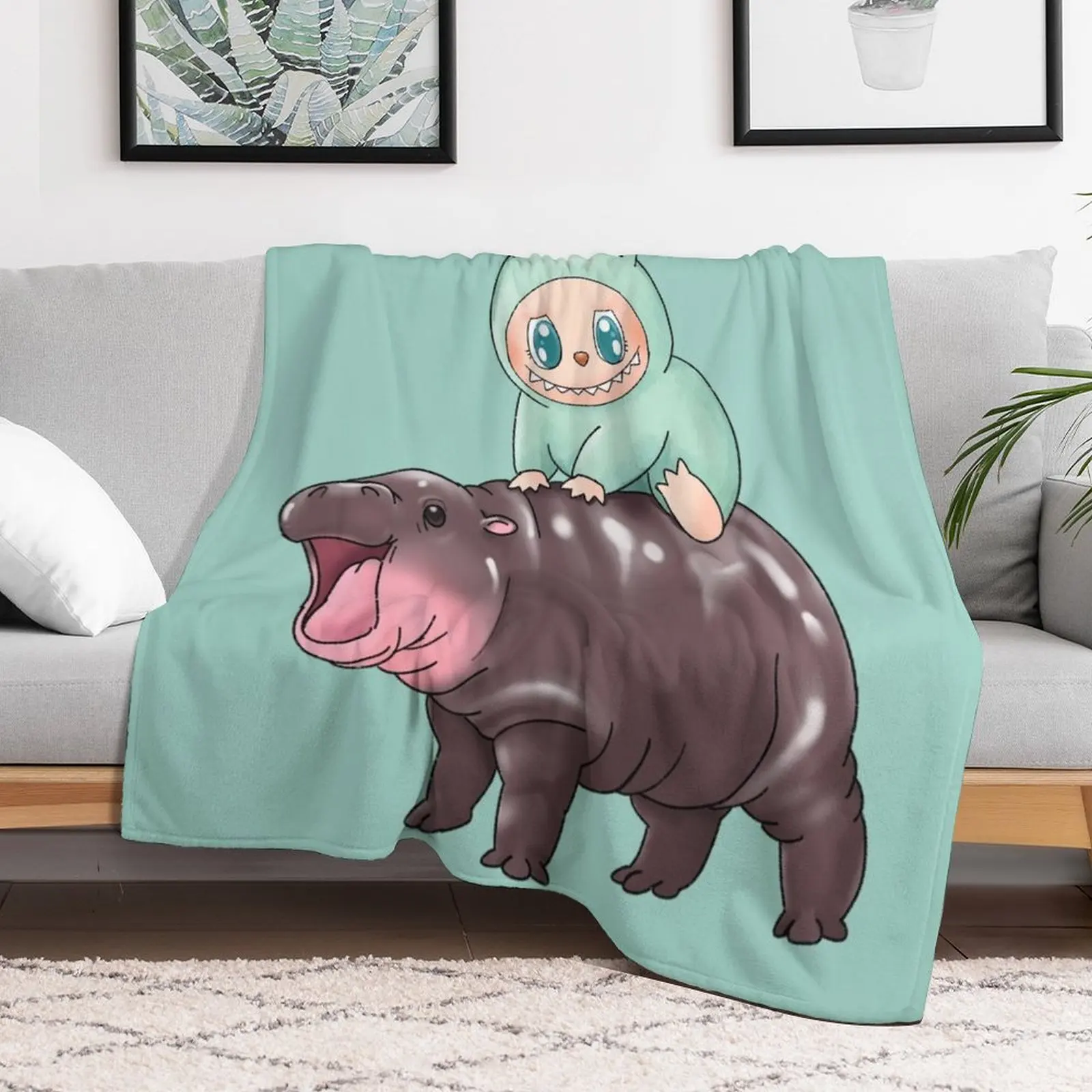 Labubu Riding Moo Deng Macaron Green Ququ Cute Throw Blanket Sofa Quilt Blankets