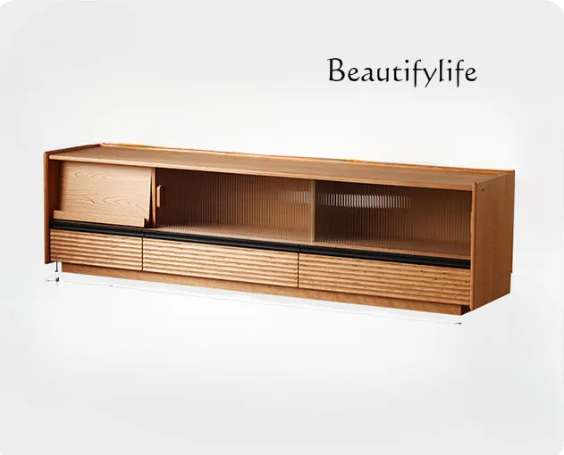 Nordic Cherrywood TV Cabinet  Floor Style Japanese Log Style All Solid Wood Small Apartment Audio Video Appliances Shelf