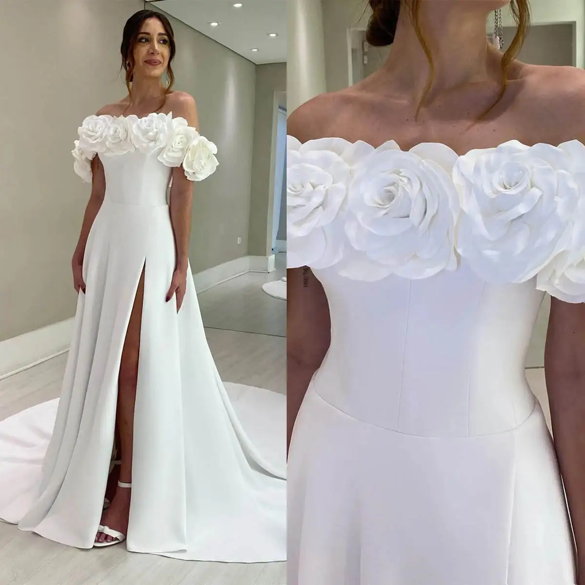 Vestido de novia de sirena de satén Simple, vestidos de novia con hombros descubiertos, flores hechas a mano, Sexy, Espalda descubierta, hecho a medida