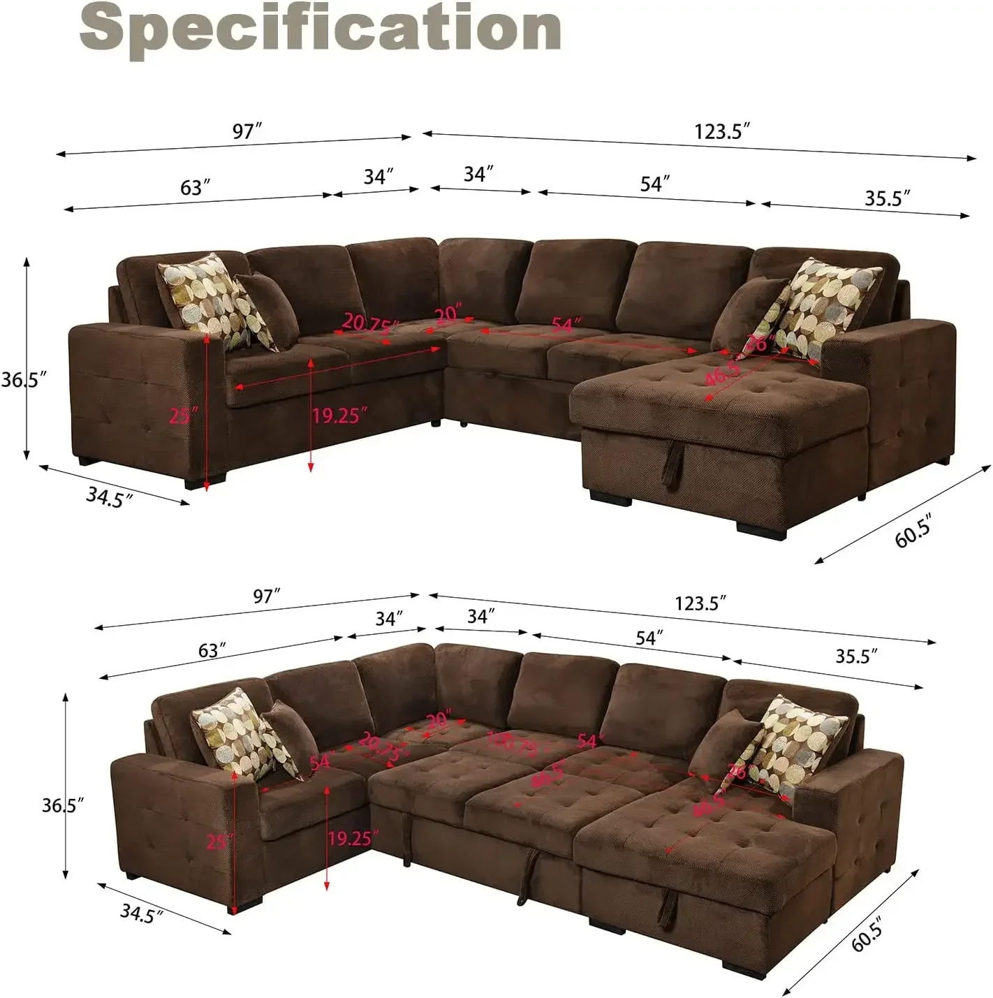 Folding Bed Sectional Sleeper Sofa with Pull Out Bed Oversized Sectional Couch with Storage Chaise U Shape Sleeper Sectional