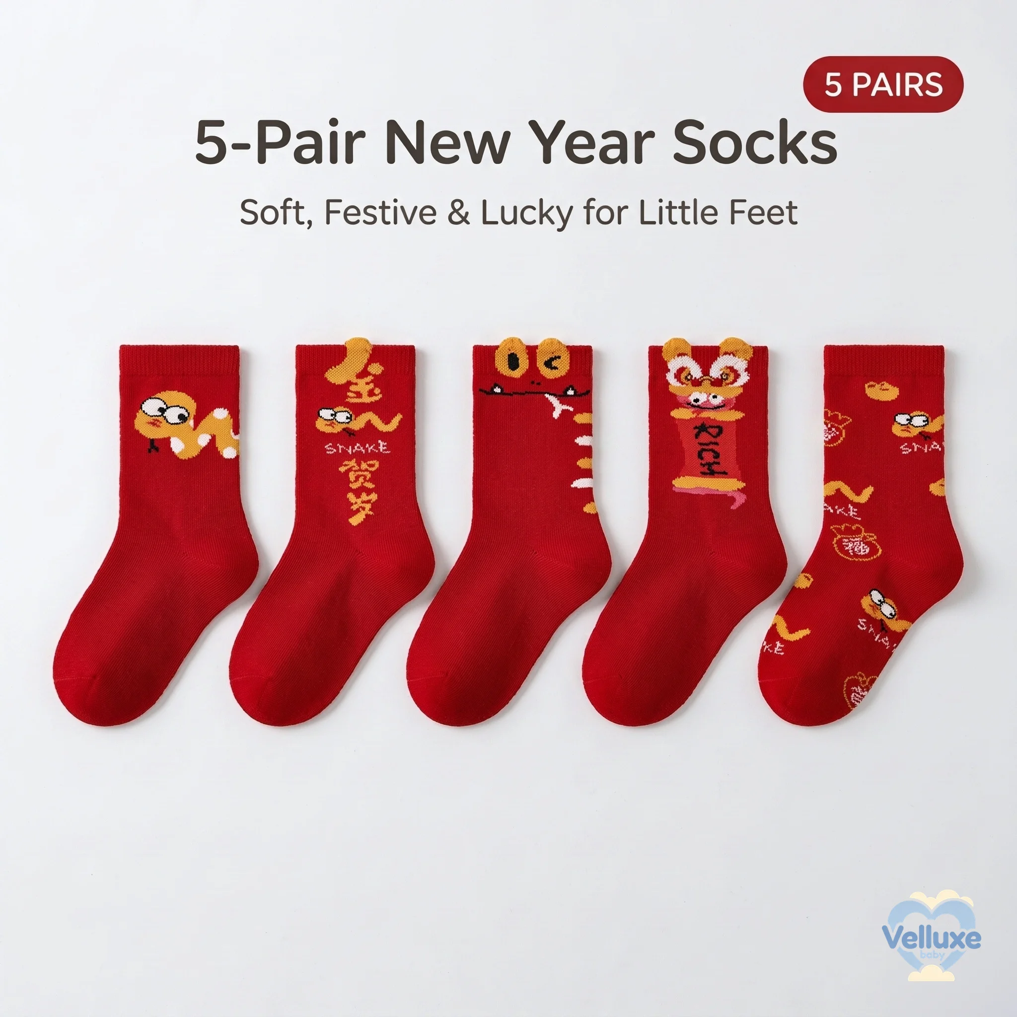 5 Pairs Kids Lunar New Year Red Crew Socks, Long Staple Cotton Seamless Socks, Cartoon Snake & Lion Dance for Boys Girls 1-12Y