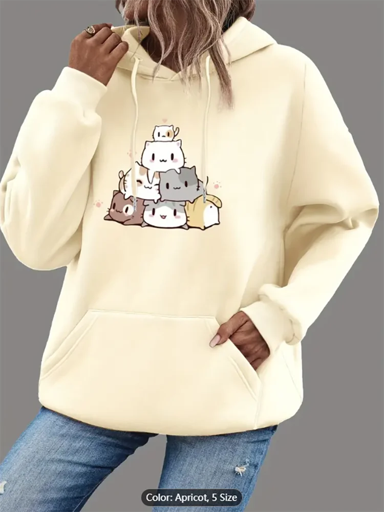 

Женская абрикосовая толстовка из 100% хлопка с милыми сложенными кошками и графическим принтом, повседневная толстовка с капюшоном большого размера на шнурке для любителей кошек