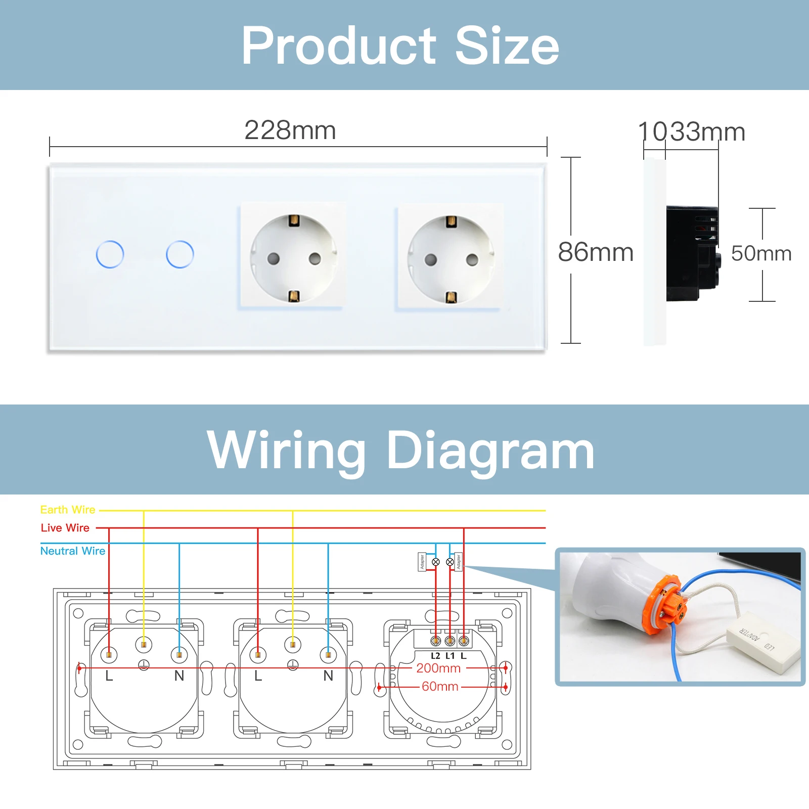 Bseed 2Gang Dimmer Series EU Standard LED Dimmable Touch Switches Glass Panel 5V 2.1A USB Phone Charge EU Sockets Wall Switches