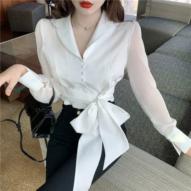 Womens Crop Tops 2024 Blusas Mujer De Moda V-neck Bandage Bow Slim Waist Chiffon Blouses Korean Elegant White Shirt