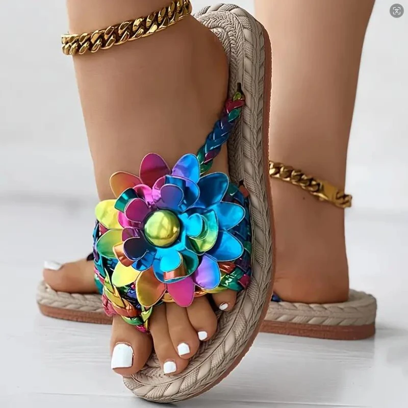 Women Slippers 2024 Fashion Casual Shoes Flat Vacation Holiday Braided Floral Pattern Slippers Toe Post Beach Flip Flops Slides