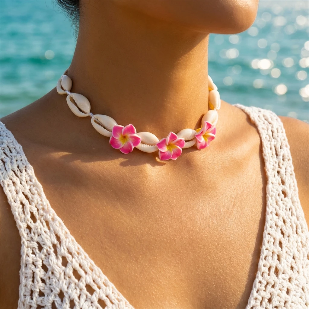 Böhmische rosa Plumeria geflochtene Halskette für Frauen, Bohemia Muschel handgewebte Choker-Halskette, Sommer Strand Party Schmuck Geschenk