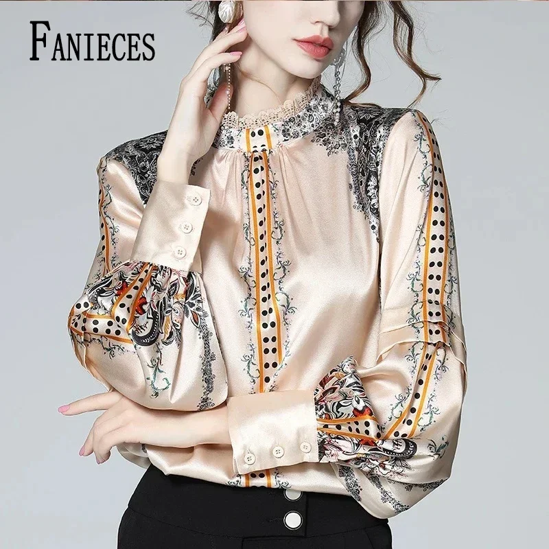 3XL Luxury Print camisas Summer Autumn Office Lady Shirts Collar Long Sleeve Tops Women Single Breasted Elegant Shirt