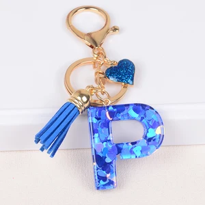 26 Carta Chave Fivela Pingente com Tassel Azul, Alloy Love Handbag, Iniciais Glitter Gradiente Resina, Chaveiro Encantos, Moda Feminina 8 principais vendas chaveiro de franja - №5