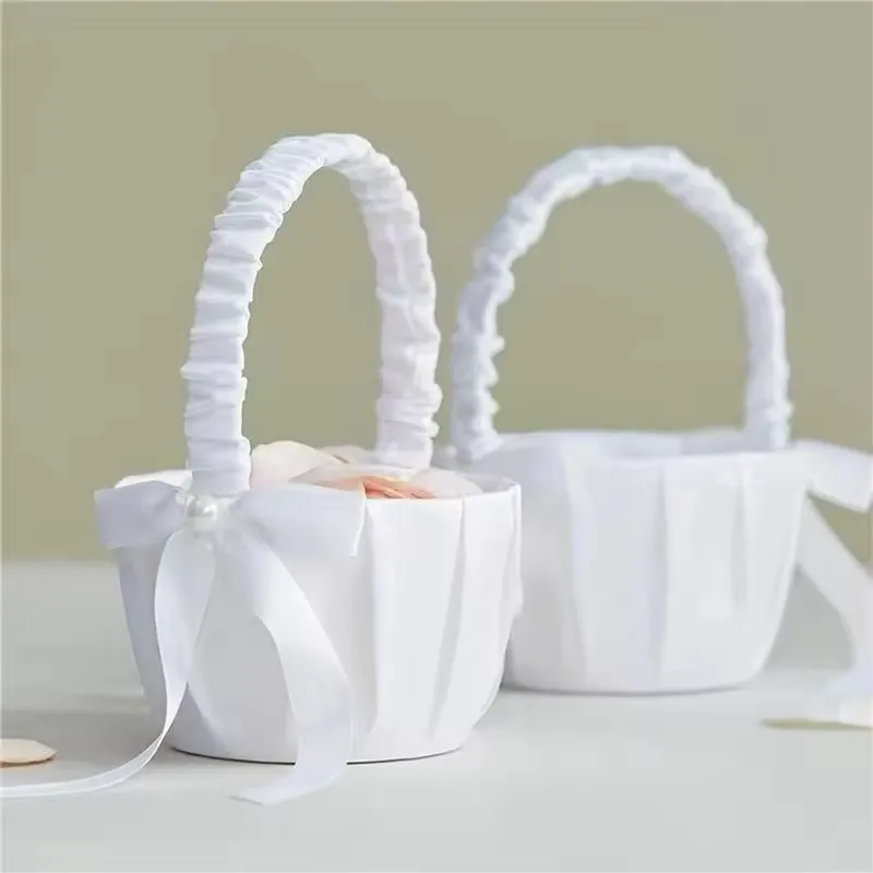 Wedding White Satin Bow Flower basket Flower Carrying basket with pearl handle suitable for bridesmaids and flower girls image 3