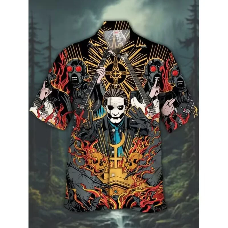 2024 Summer New Men\'s Shirts 3D Printed Horror Pattern Hawaiian Fashion Tops Cuban Collar Lapel Shirts