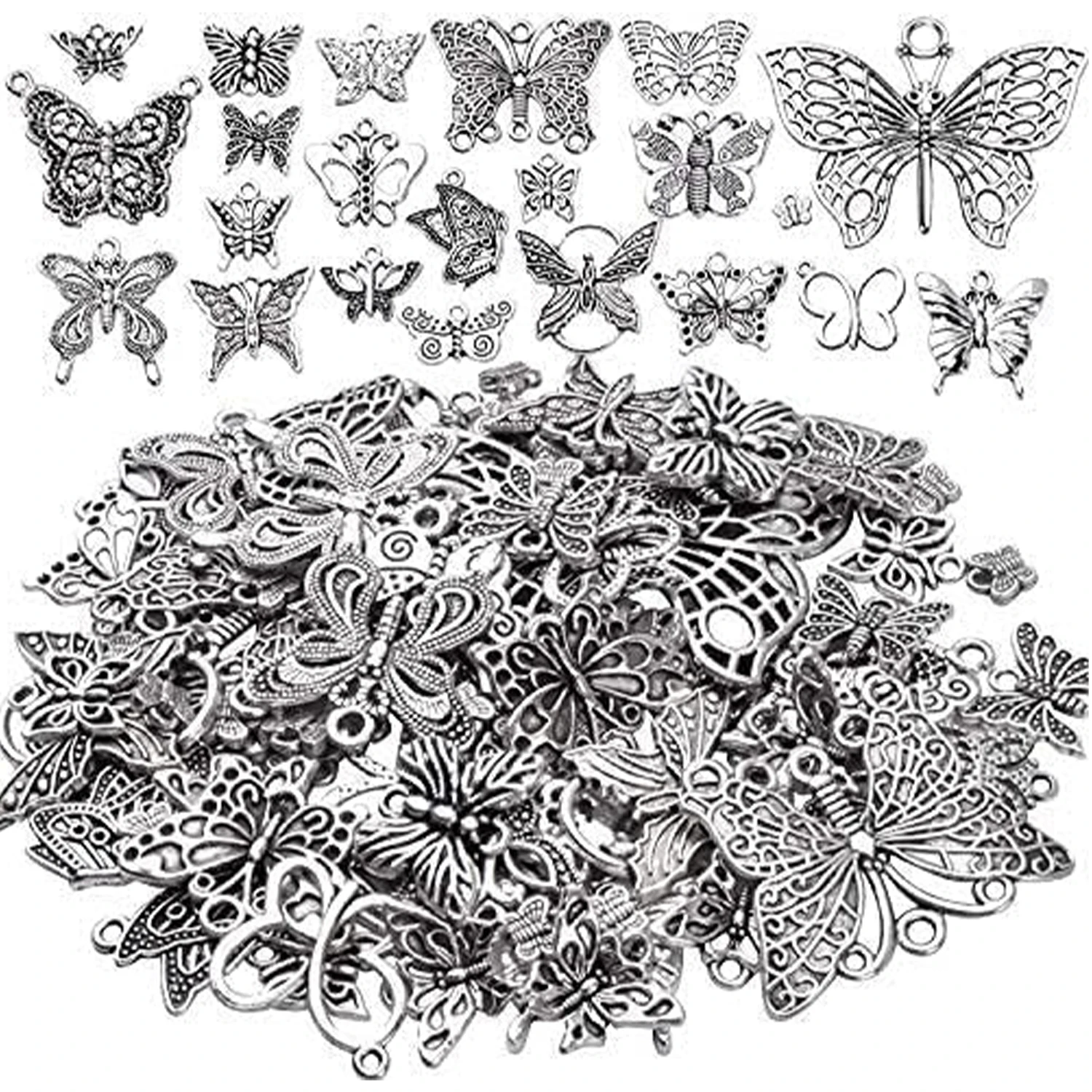 

100 г. Набор для рукоделия: подвески-бабочки из состаренного серебра, смешанные формы, для изготовления ожерелий и браслетов своими руками, 30-60 шт.