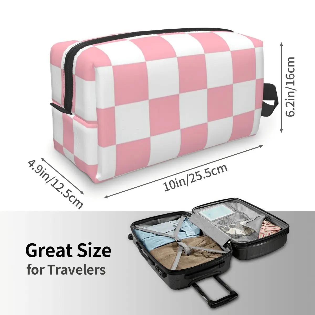 Pink White Checkerboard Pattern Makeup Bag Cosmetic Organizer Storage Dopp Kit Toiletry Cosmetic Bag Pencil Case