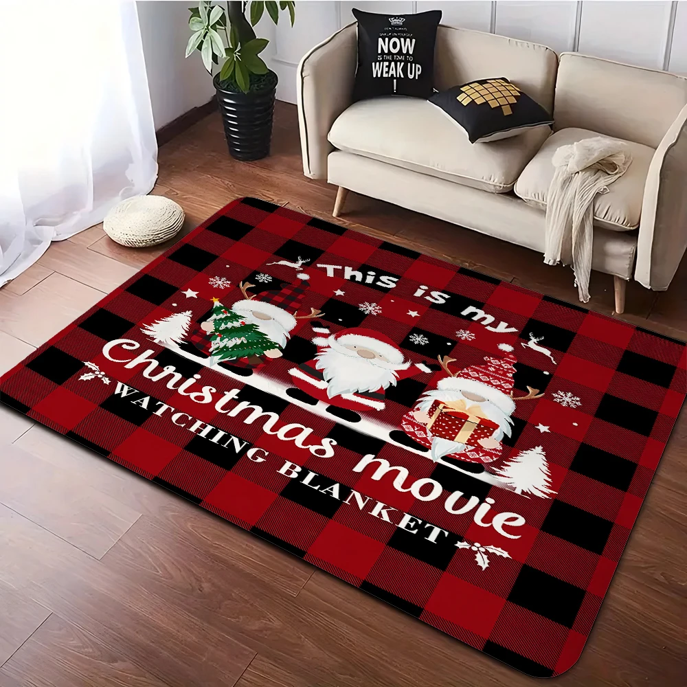 Christmas Santa Claus Red Plaid Print Area Rugs Non Slip Flannel Carpets for Home Living Room Bedroom Decor Washable Floor Mats