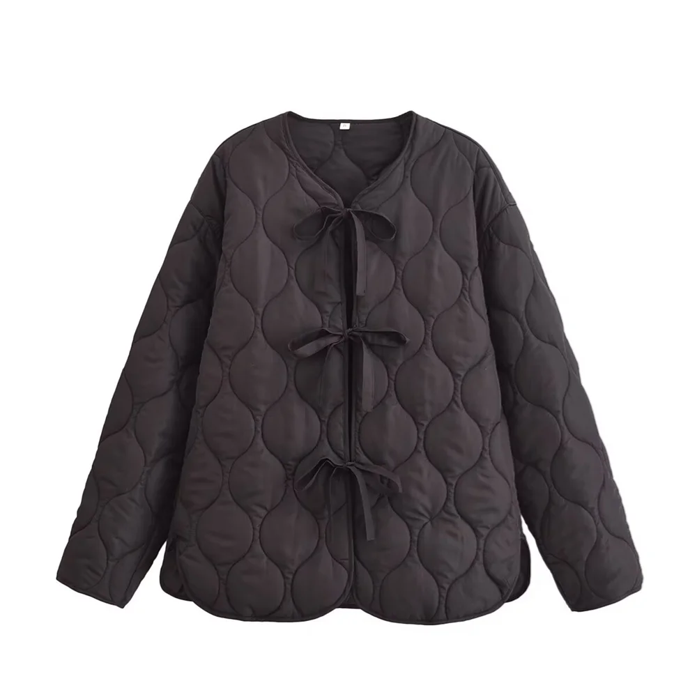 PB&ZA2024 autumn new women\'s clothing style simple and lazy butterfly bow decoration lace up long sleeved cotton jacket