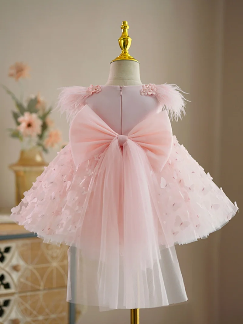 Girl\'s Dress 2024 Baby Pearl Butterfly Princess Dress Children\'s Fashion Fluffy Dress Wedding Birthday Performance Gauze Dress