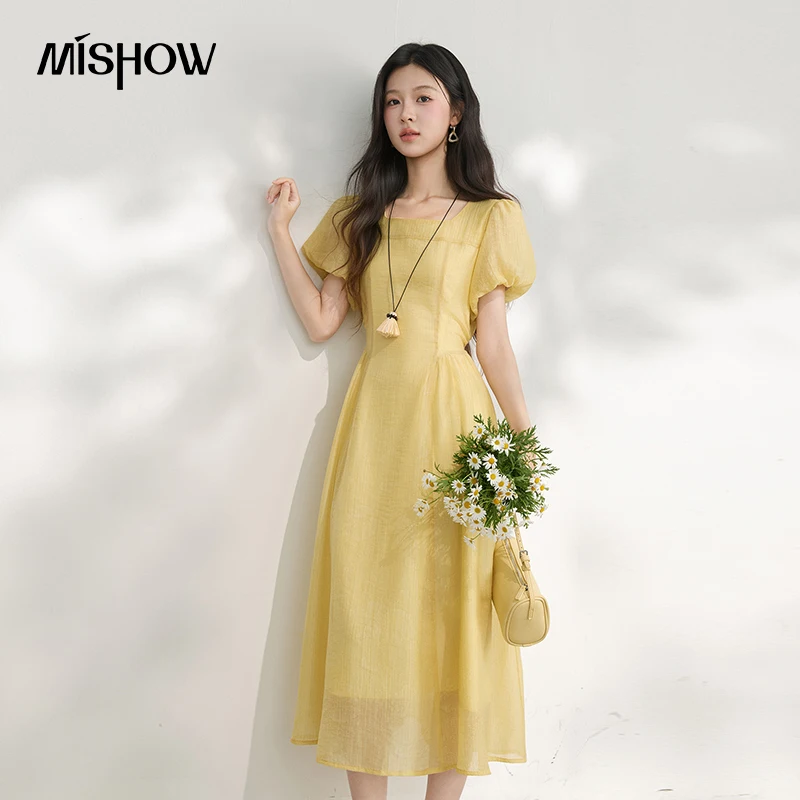 MISHOW Women's Vintage Yellow Ginkgo Leaf Print Midi Dress Summer Square Neck Puff Sleeve Waist Elegant Long Dresses MXF30L2816