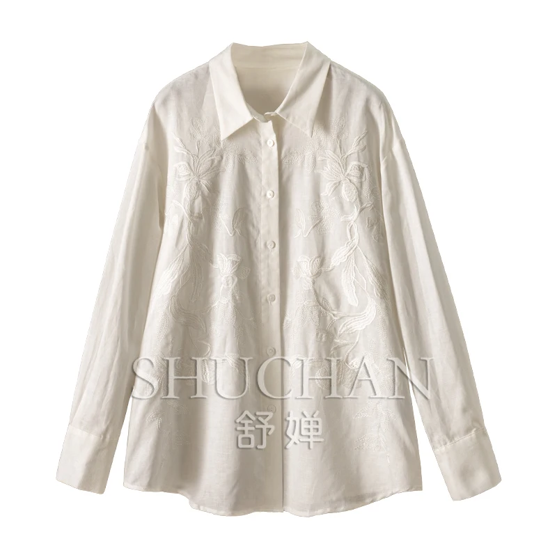 2025 100% Linen Embroidery White Shirts for Women  Blusas Mujer De Moda Verano  Womens Tops Long Sleeve