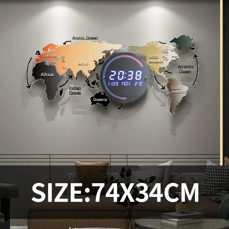 Wall decoration creative world map shape smart led clock with calendar