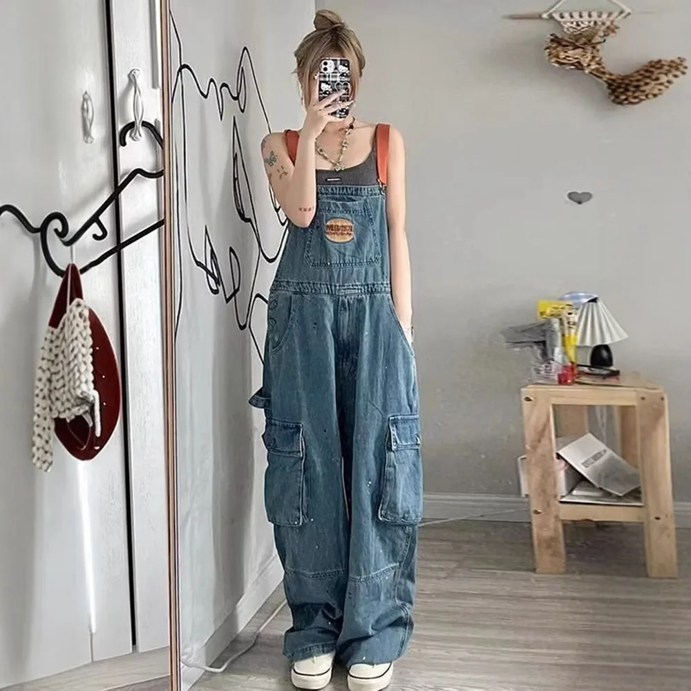 New Light Blue Woman' Cowboy Overalls Casual Style Denim Pants Trousers High Waist Pocket Pants Loose fit Denim Overalls