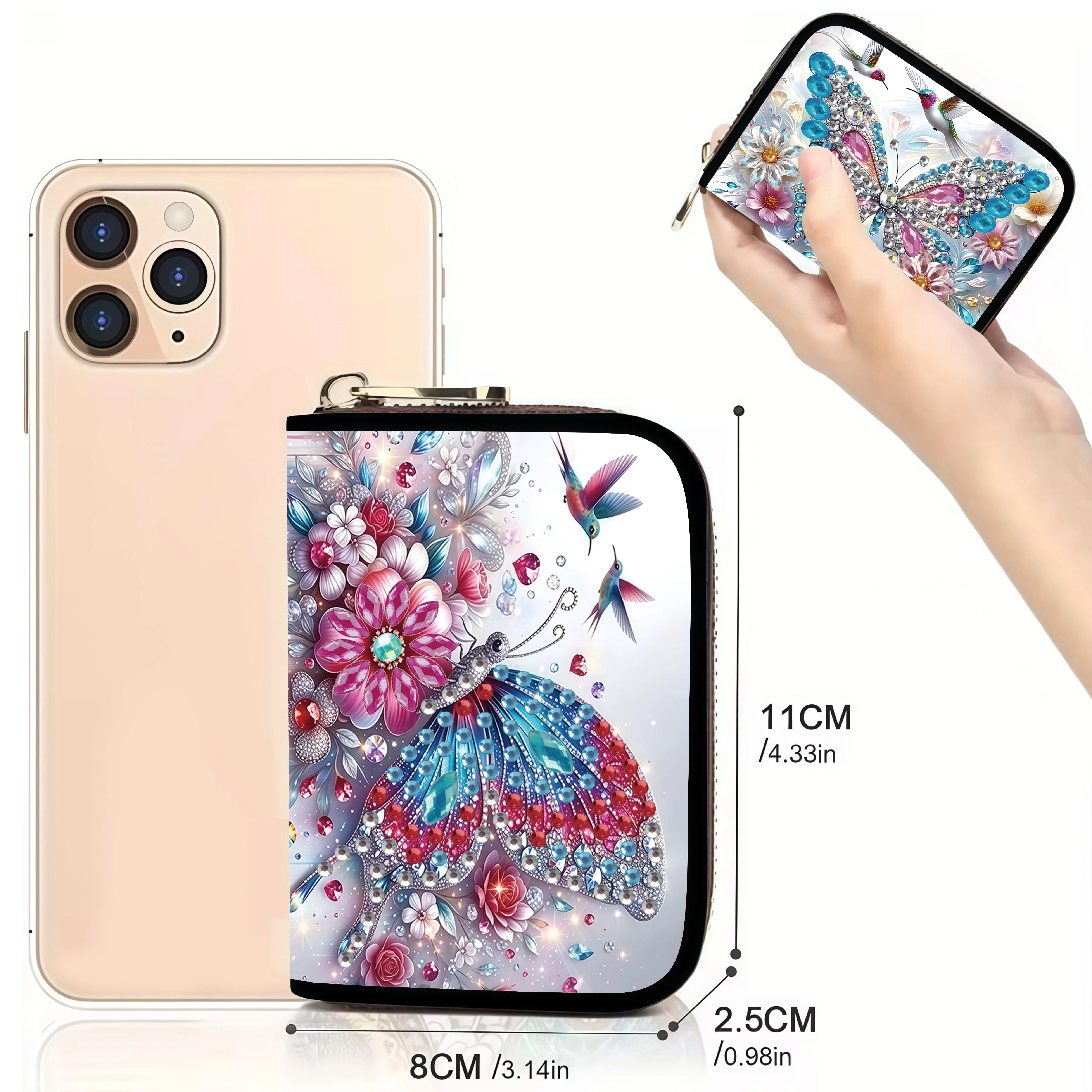 1 Piece of Diamond Painting kit, card case, Butterfly pattern, PU leather material, daily outing and carrying, Thanksgiving gift