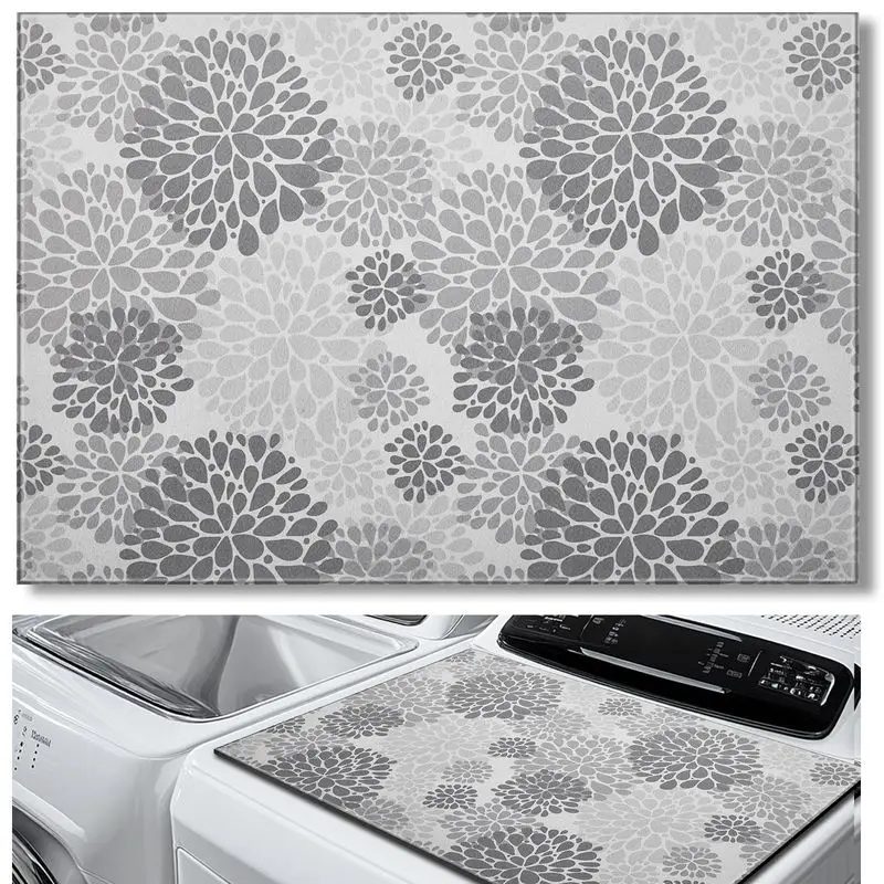 VIKAMA Silver Grey Dahlia Petal Washing Machine Top Mat Light Gray Chrysanthemum Repeat Pattern Water Resistant Non Slip Kitchen