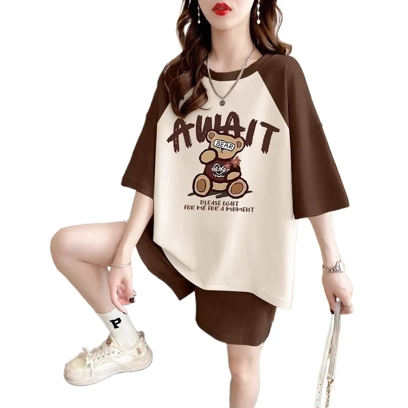 Women's 2025 Summer New Cartoon Pajamas Suit Printing Large Size Versatile Splicing Short-sleeved Top and Shorts 2 Two piece Set
