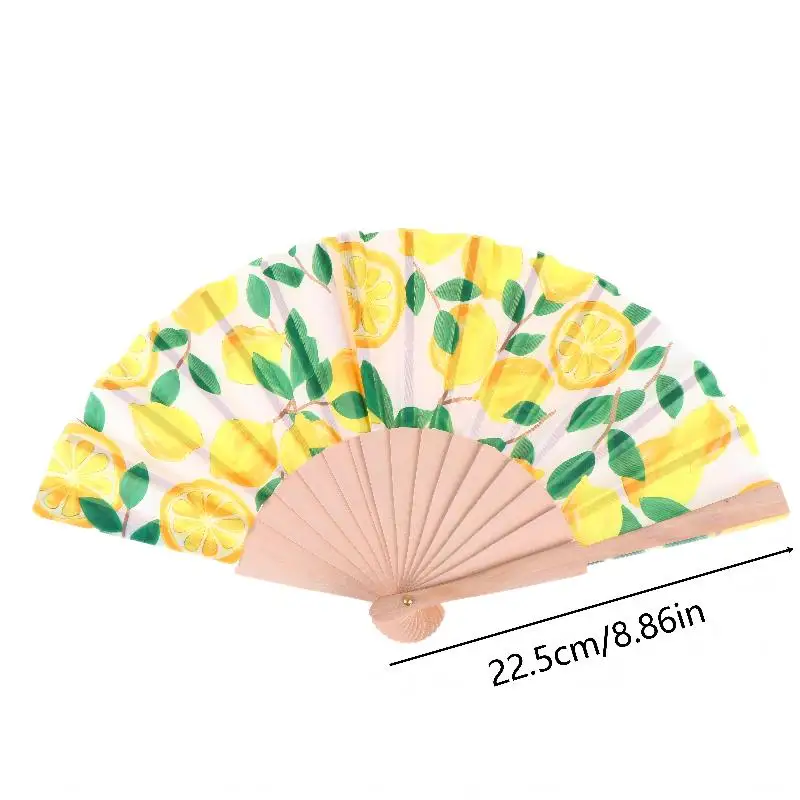 Fruit Pattern Bamboo Fabric Folding Hand Fan Lemon Print Elegant Handheld Fan for Women Summer Cooling