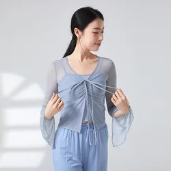 Draw String Gauze Top Sexy Transparent Mesh Shirt Long Sleeve Elegant Blouse Women Slim Practice Dance Clothes Body Rhyme Summer