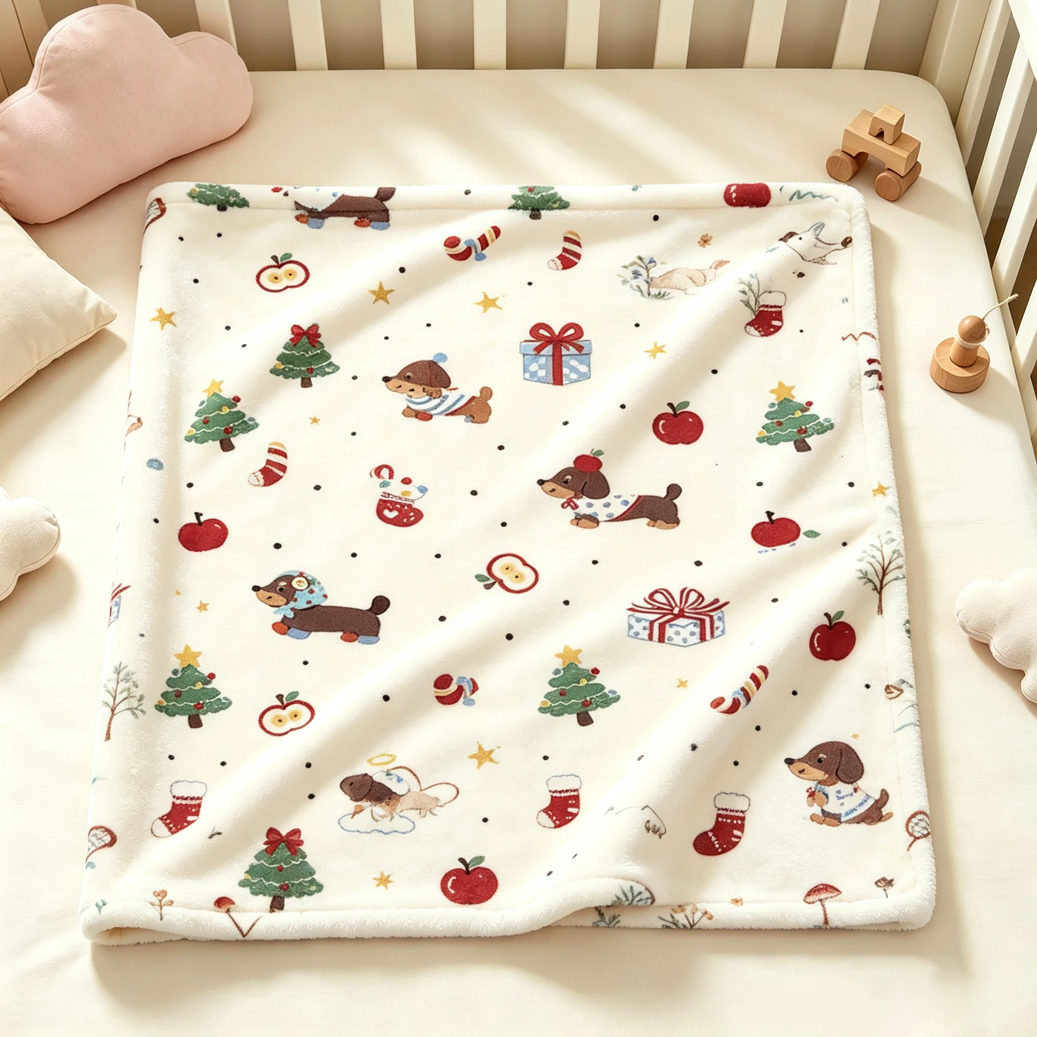 1 Dachshund Print Flannel Blanket - Light-colored, comfortable dog pattern, suitable for home or travel, all year round.