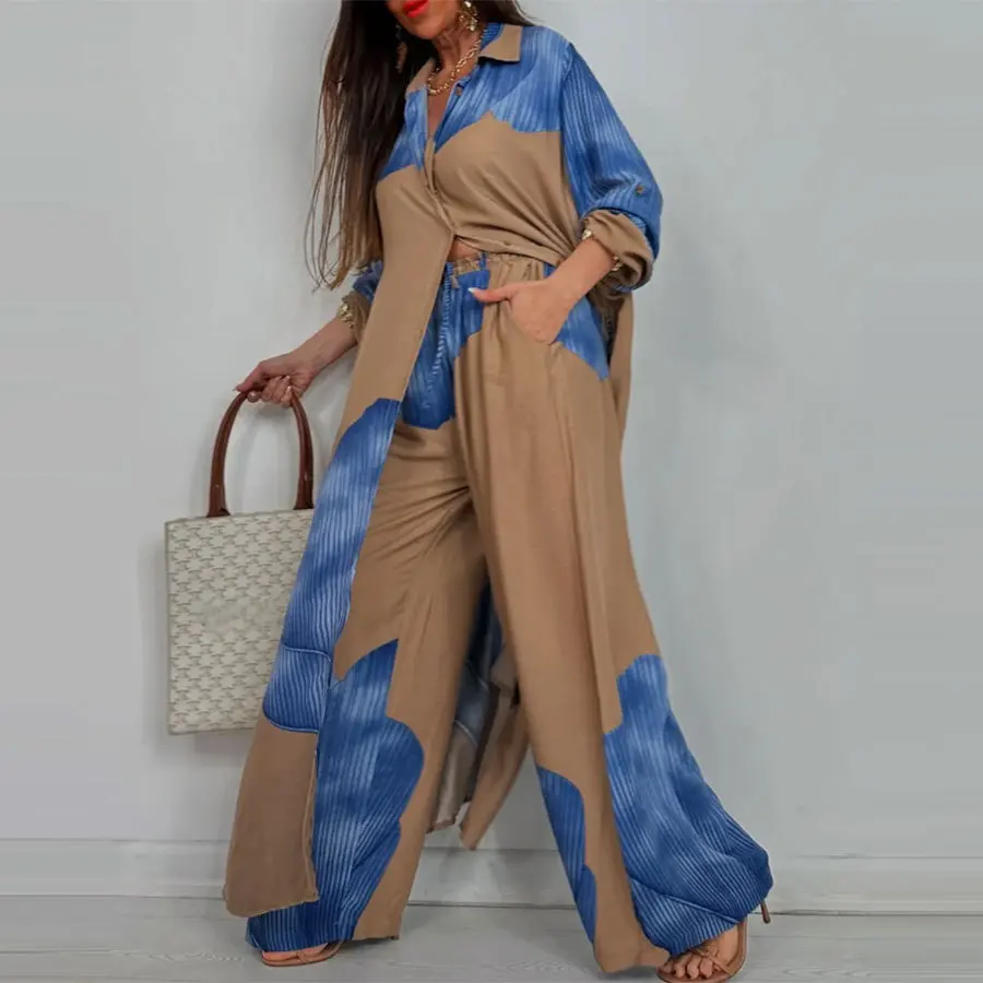 

Casual Loose Print Long Shirt Top + Wide Leg Pants Two Piece Sets Women Spring Fashion Single-breasted Cardigan Robe Outfits