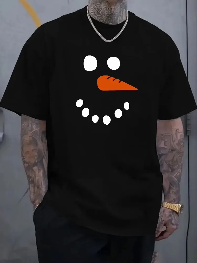 Summer Male Casual White T Shirt Minimalist Snowman Face Print Soft Cotton Short Sleeve Funny Holiday Daily Wear Top
