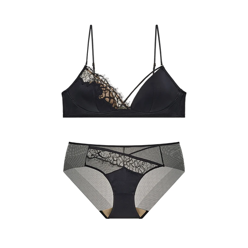 Push-up-BH im französischen Stil, kleine Brust, dünner Träger, ohne Bügel, Bralette, asymmetrische Spitze, Dreieck-Cup, sexy Dessous-Set MOYISU