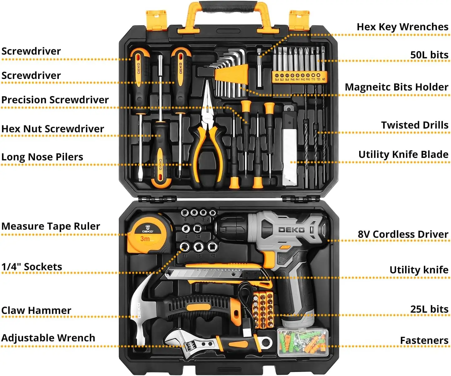 DEKO 126 Piece Power Tool Combo Kits with 8V Cordless Drill, 10MM 3/8'' Keyless Chuck, Professional Household Home Tool Kit Set