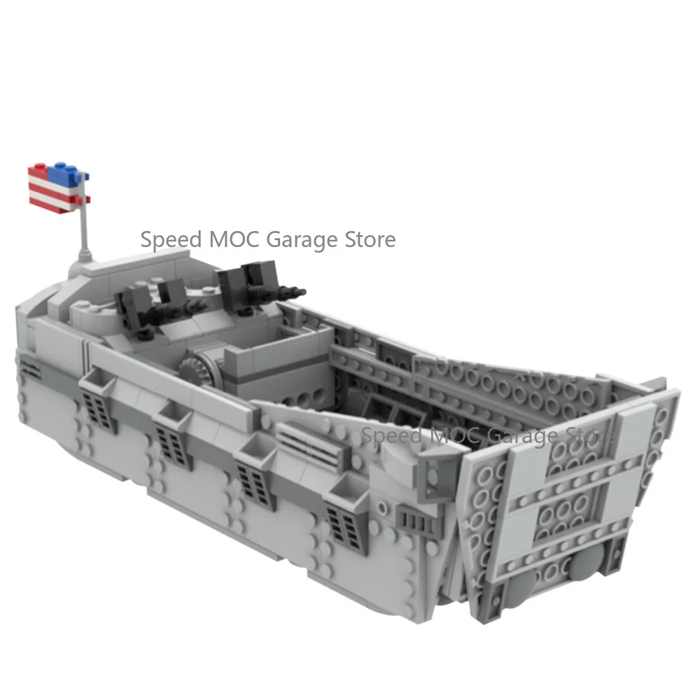 WWII Amphibious Assault Landing Craft MOC Set, Military Transport Warship Model with Machine Gun and Flag Details Hobby Building