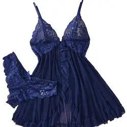 Sexy Lingerie For Women Blue Lace Transparent Deep V Open Bra Pajamas Babydolls Dress Sleepwear Set Erotic Underwear Costumes