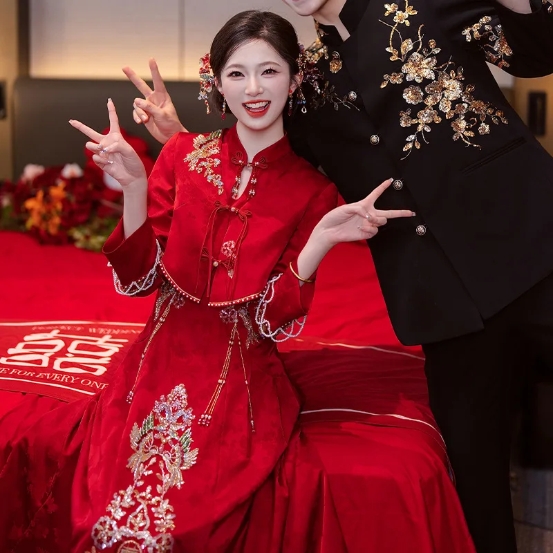 

New Chinese Style Red Qipao Toast Dress Engagement Wedding Retro Embroidery Dress Two-piece Set