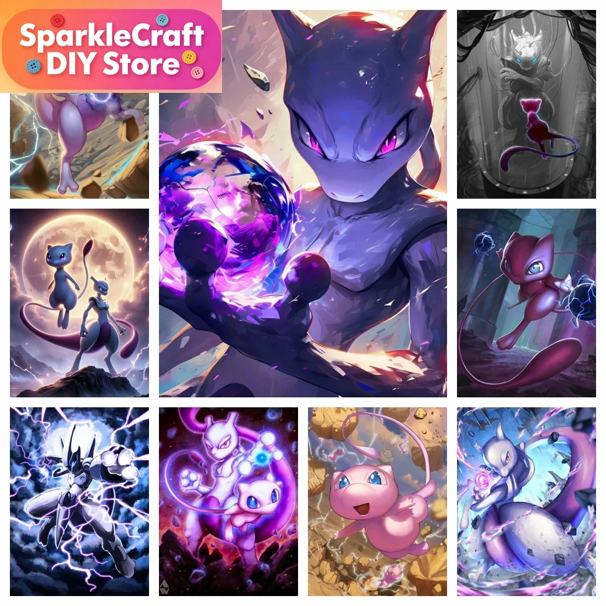 1pc frameless Cartoon Mewtwo Pokemon Diamond Painting 2024 New Arrivals 5D Full Cross Stitch Kit Mosaic Embroidery Home Decor Ch