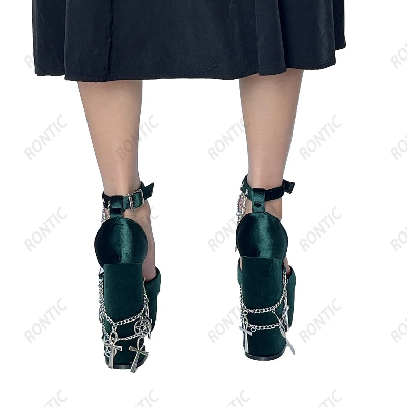 Rontic New Handmade Women Pumps Platform Sexy Chain Chunky Heels Round Toe Beautiful Green Party Cosplay Shoes US Size 5-20 - view 4