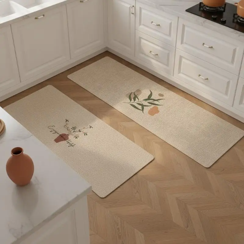Linen Kitchen Rugs Set 2 Piece Textured Non Slip Waterproof Backing Minimalist Mats for Kitchen Hallway Entry Door Home Decor