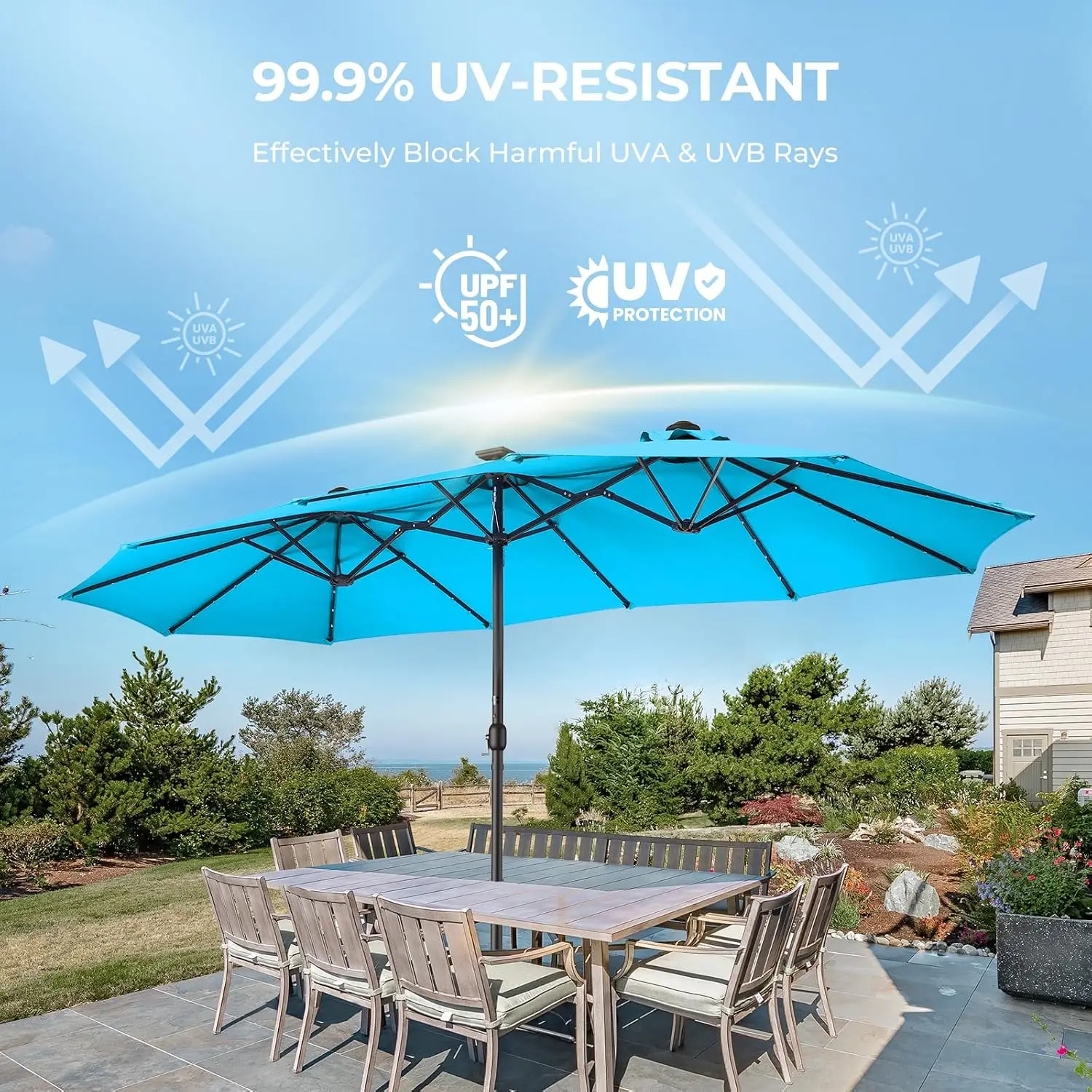 Double Sided Patio Umbrellas 15ft Solar Lights Lighted Umbrella | Outdoor Extra Large Market Table Umbrella, Customized
