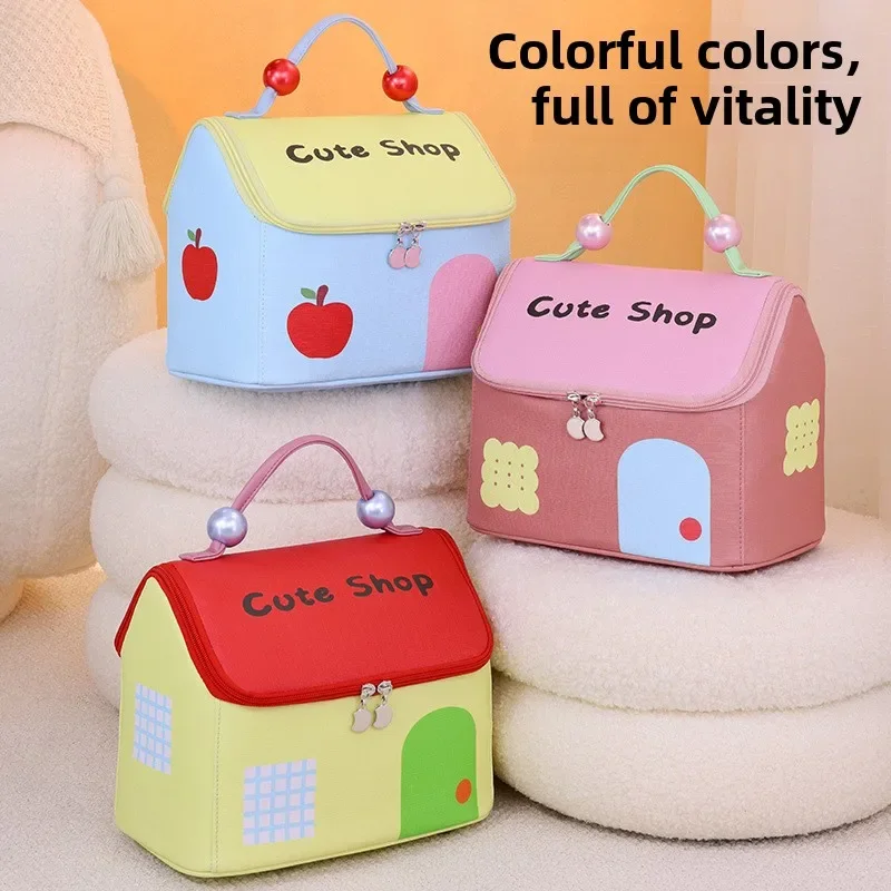 Cute House Shape Makeup Bag Pearl Bead Hand Handle Color Block Cosmetic Storage Pouch Portable Travel Toiletry Organizer