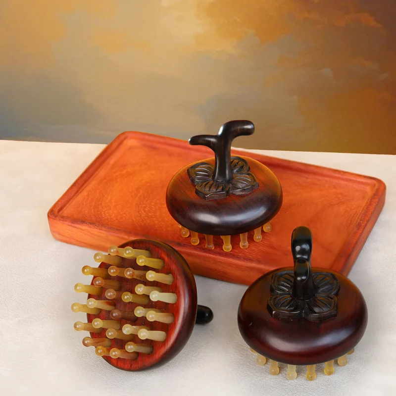 Sandalwood Persimmon-Shaped Ruyi Style Goat Horn Comb, Portable Compact, Massage And Makeup