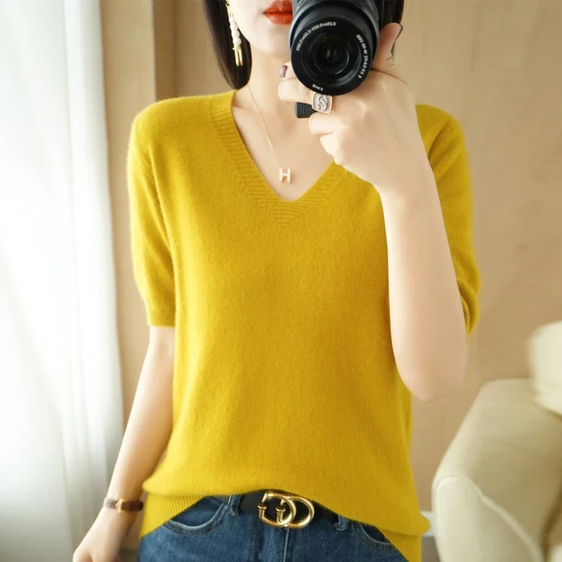 Casual Short Sleeve Sweater Women 2024 Spring Summer Knitted Tops Korean Fashion Knit Shirts Pullovers V-neck Soft Pull Jumpers