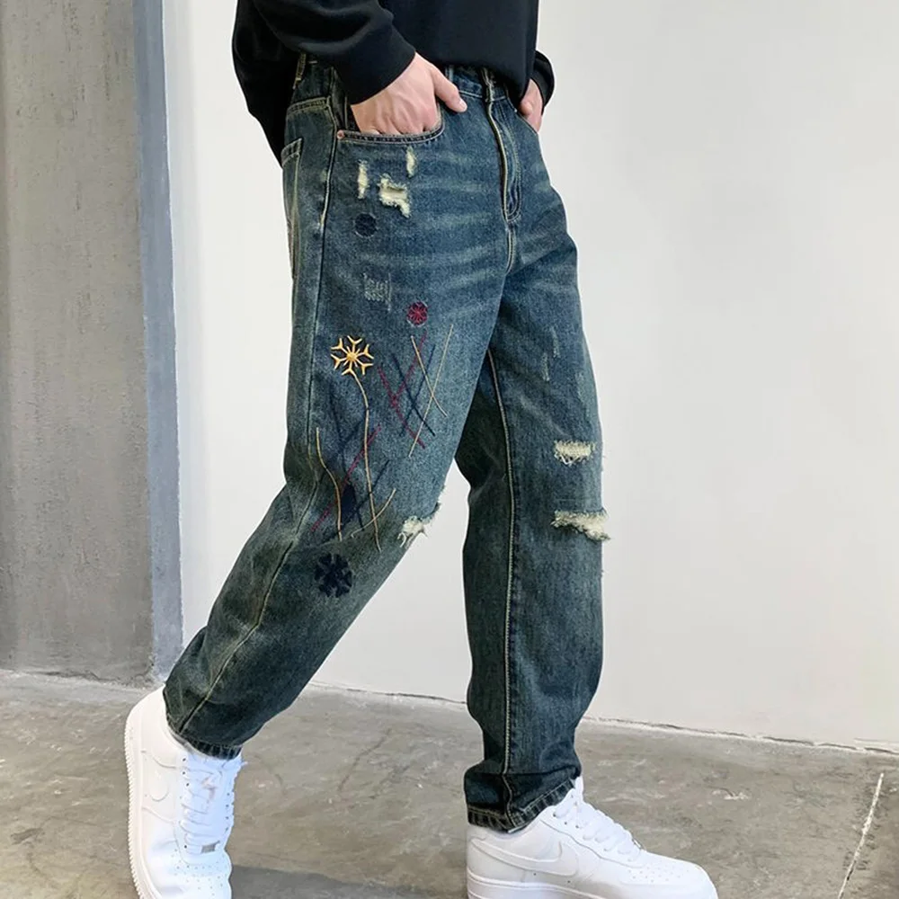 

Summer Men's Vintage Ripped Jeans Y2k Graphic Embroidery Retro Fashion Casual Trend High Street Hip Hop 2025 New Men's Bottoms